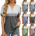 thumbnail image 1 of YUGYXL Summer Henley Shirts for Women Patchwork Short Sleeve Tunics Blouses V Neck Puff Sleeve Tops Green XXL, 1 of 6