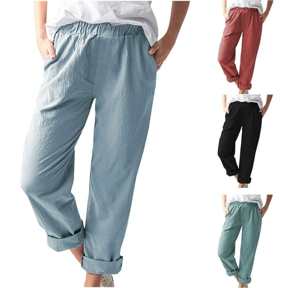 YUGYXL Summer Linen Pants Women Casual Stretch Waist Straight Pants with Pockets Dressy Business High Waist Long Pants Red L