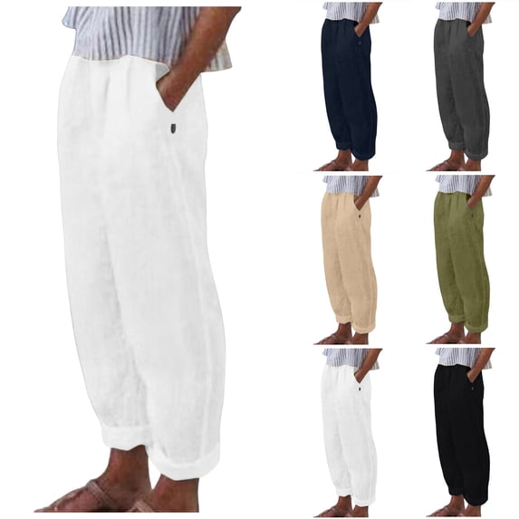 YUGYXL Summer Linen Pants for Women Dressy Loose Business Long Pants Elastic Waist Lightweight Business Pants Trousers White XL
