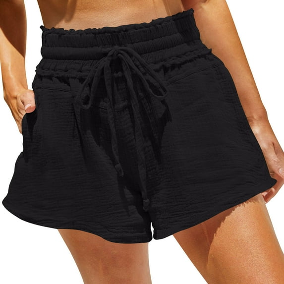 YUGYXL Summer Linen Shorts for Women Teen Girl High Waist Comfy Shorts Drawstring Elastic Waist Wide Leg Shorts with Pockets Black XL