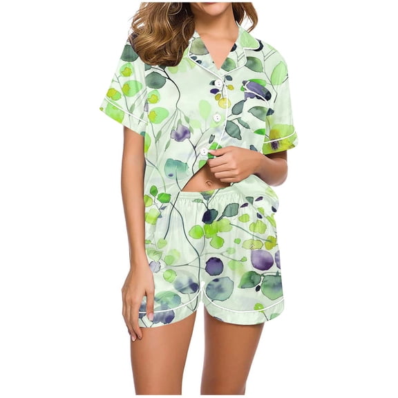 YUGYXL Summer Pajamas for Women Satin Short Sleeve Button Down Pajama Set Soft Silky Loungewear 2 Piece Sleepwear Green S