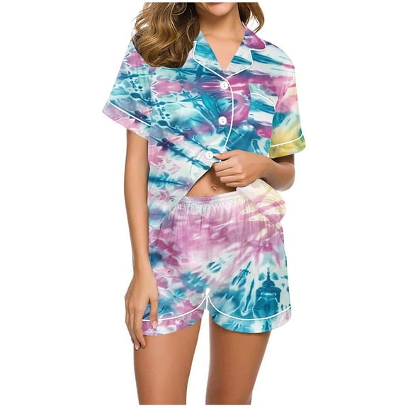 YUGYXL Summer Pjs for Women Set Tie Dye Satin Silk Pajamas Short Sleeve Button Down Sleepwear Shorts Loungewear Blue L