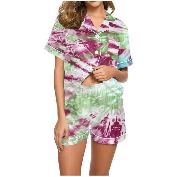 YUGYXL Summer Pjs for Women Set Tie Dye Satin Silk Pajamas Short Sleeve Button Down Sleepwear Shorts Loungewear Hot Pink L