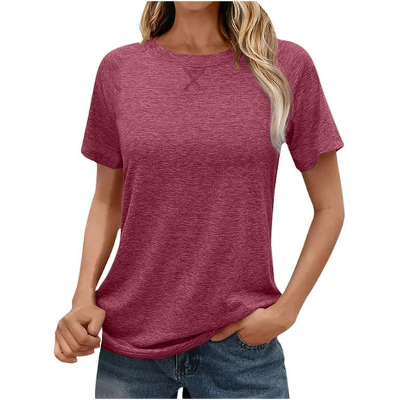 YUGYXL Summer Round Neck Shirts for Women Trendy Casual Short Sleeve Solid Tunic Comfy Soft Loose Fit Blouse Lightweight Outdoor Streetwear Pullover Tops