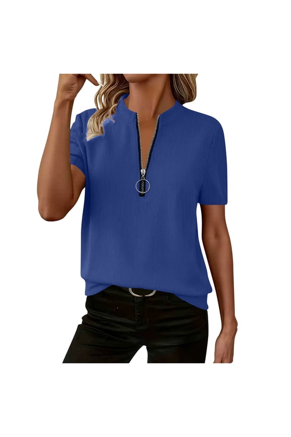 Summer Shirts for Women Trendy Comfy Quarter Zipper V Neck Work Blouses Business Casual Tops Loose Fit Tunic Shirt Blue XL