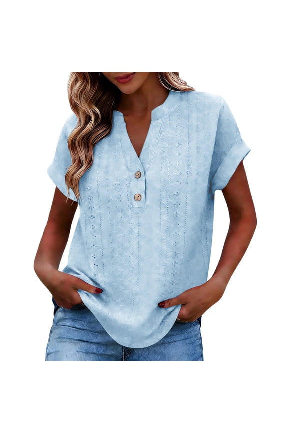 Summer Tops for Women Henley Neck Short Sleeve Shirts Lace Eyelet Button Up Tops Dressy Casual Trendy Blouses Light Blue M