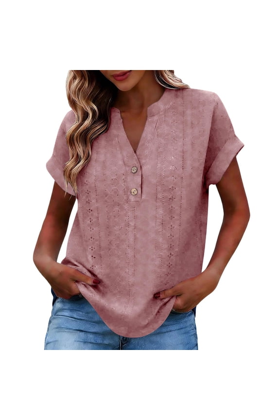 Summer Tops for Women Henley Neck Short Sleeve Shirts Lace Eyelet Button Up Tops Dressy Casual Trendy Blouses Pink XXL