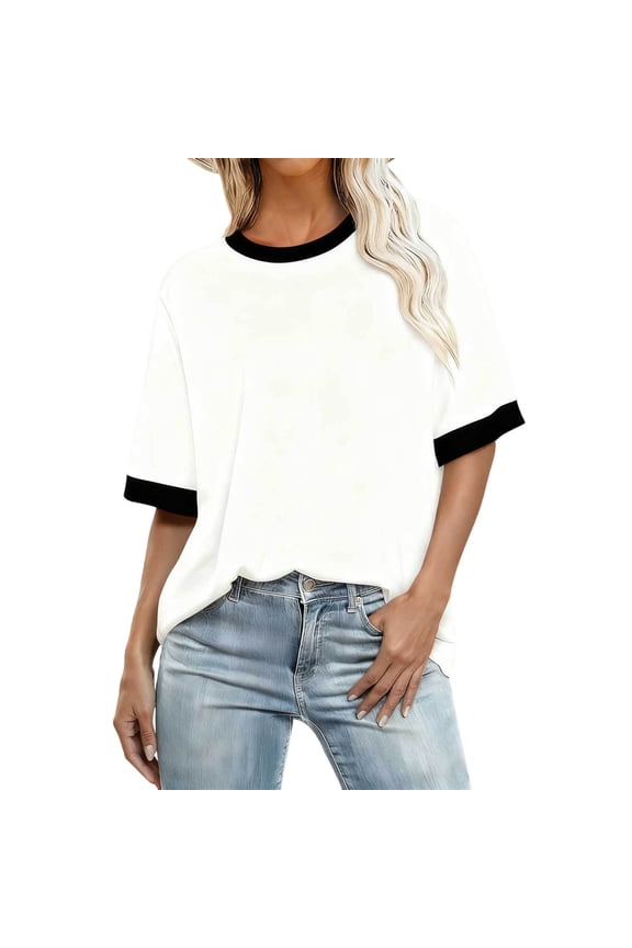 Summer Tops for Women Lightweight Color Block Short Sleeve T Shirts Casual Loose Fit Crew Neck Tshirts Fashion White XXXL
