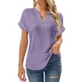 thumbnail image 1 of YUGYXL Summer Tops for Women Linen Shirts V-Neck Spring Button Down Shirt Tee Dressy Casual Plus Size Short Sleeve Blouse Purple XXL, 1 of 5