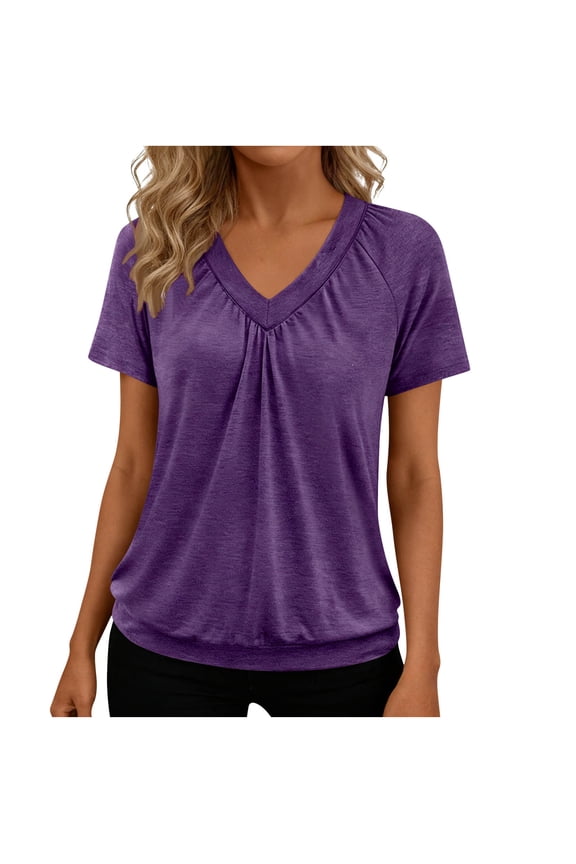 Summer Tops for Women Shorts Sleeve Womens Tops V Neck Soft Casual Loose Fit Ruched Top T Shirts Tee Clothes Purple XXL