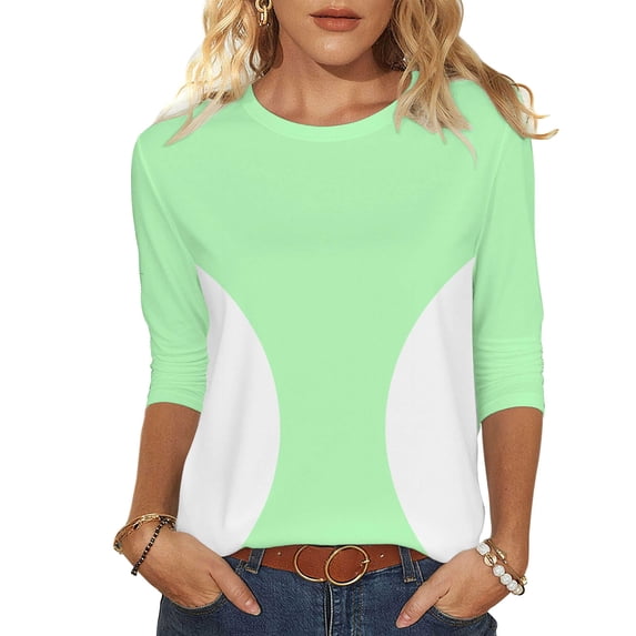YUGYXL Summer Tops for Women Trendy 3/4 Sleeve Crew Neck Shirt Casual Color Block Blouse Tee Cotton Crewneck Pullover Mint Green M