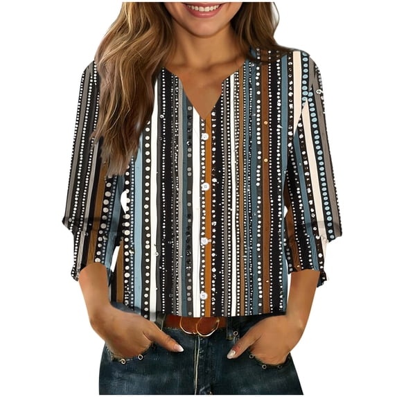 YUGYXL Summer Tops for Women Trendy Ruffle Cuffs 3/4 Sleeve Shirts Button Down V Neck Blouse Boho Floral Print T-Shirts Brown XXL