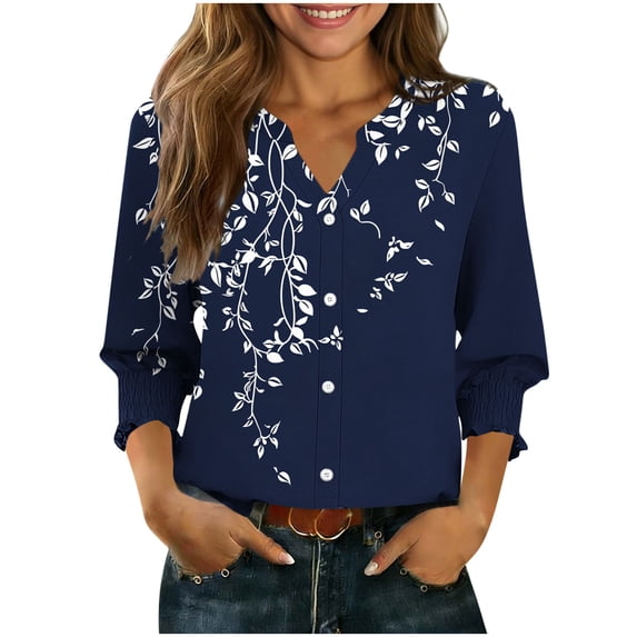 YUGYXL Summer Tops for Women Trendy Ruffle Cuffs 3/4 Sleeve Shirts Button Down V Neck Blouse Boho Floral Print T-Shirts Navy S