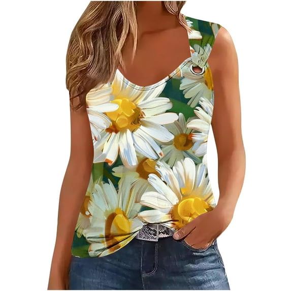 YUGYXL Sunflower Printed Tank Tops for Women Sleeveless V-Neck Camisole Casual 2025 Summer Vacation Shirts Green,M