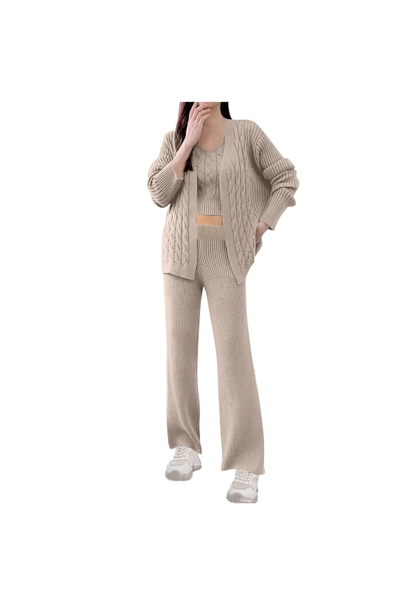 Sweater Sets for Women 3 Piece Outfits Cable Knit Cardigans Crop Tank Tops Long Pants Cozy Lounge Sets Khaki Free Size
