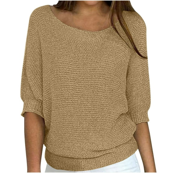 YUGYXL Sweaters for Women Casual Crew Neck Loose Fit Short Sleeve Cable Knit Sweater Trendy Spring Fashion Tops Brown XL