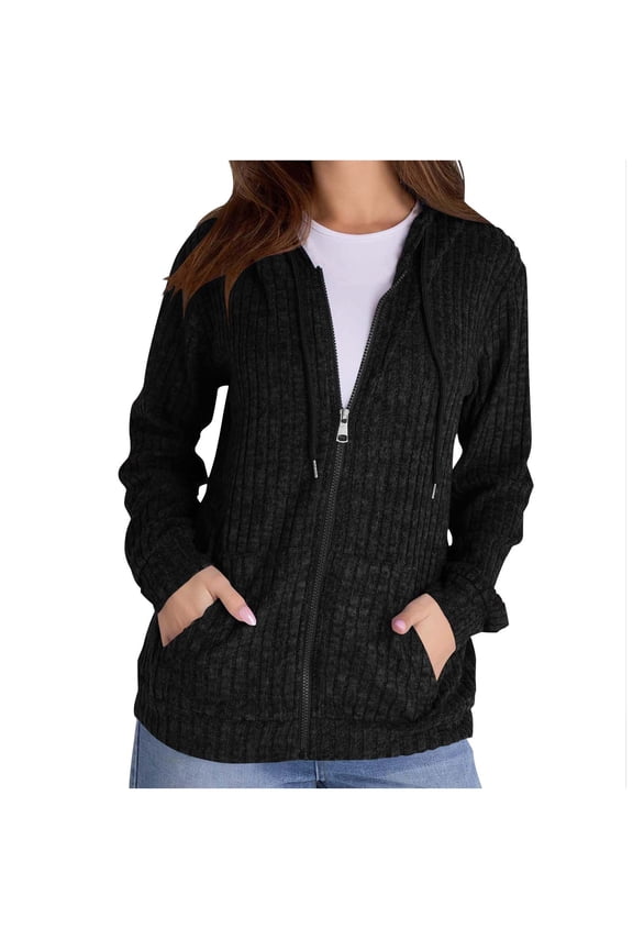 Sweaters for Women Long Sleeve Knitted Zip up Hoodies Ribbed Pullover Loose Casual Sweatshirts with Pocket Black L