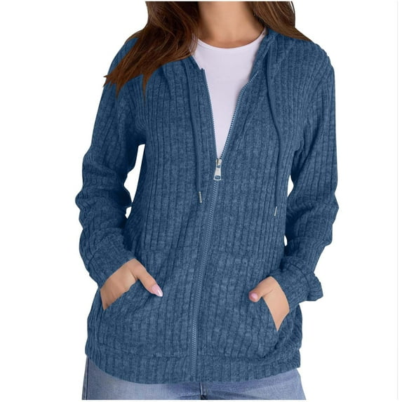 YUGYXL Sweaters for Women Long Sleeve Knitted Zip up Hoodies Ribbed Pullover Loose Casual Sweatshirts with Pocket Blue XL