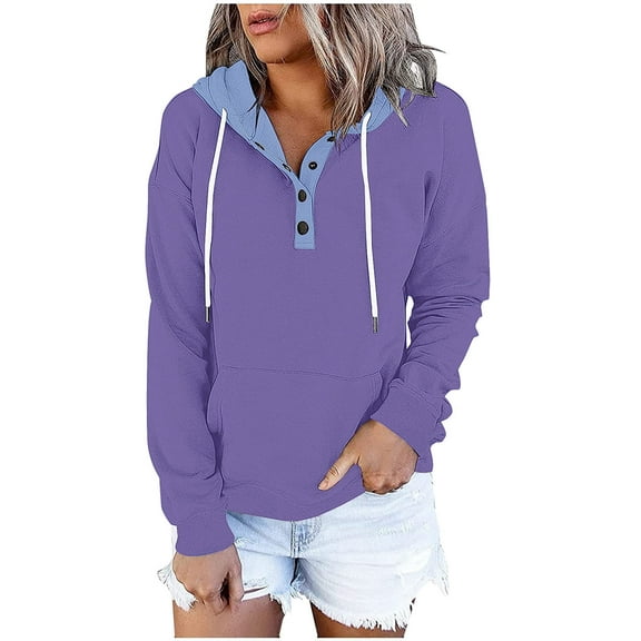 YUGYXL Sweatshirts for Women Trendy Solid Color Button Henley Neck Pollover Hoodies with Pocket Comfy Lounge Fall Clothes Purple S