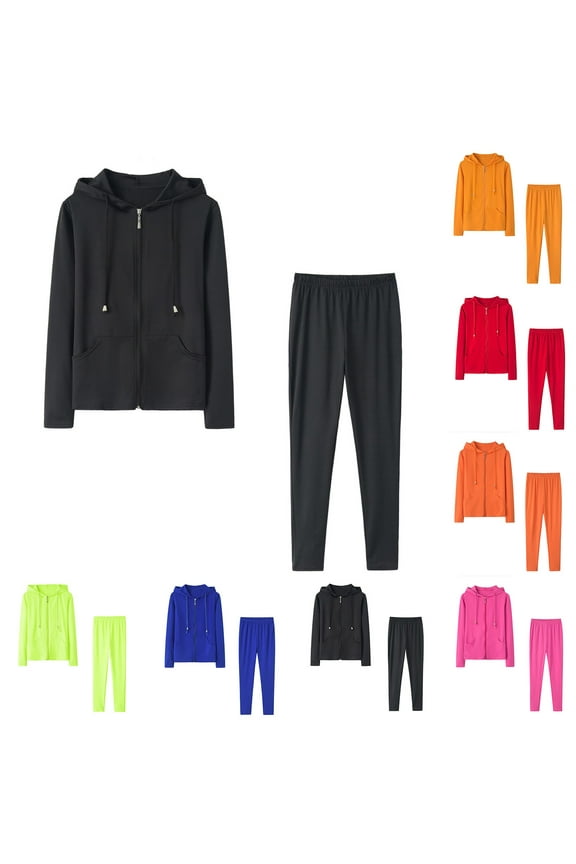 Sweatsuits for Women Fall 2 Piece Activewear Outfits Casual Solid Color Zip Up Hoodie Sweatshirt and Stretch Sweatpants Leisure Jogger Tracksuit Set Black,S