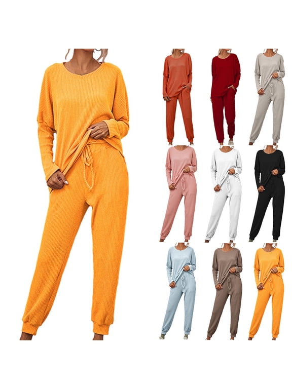 Sweatsuits for Women Set 2 Piece Plus Size Knite Ribbed Outfits Fashion Solid Color Loose Fit Sweatshirt and Sweatpants Loungewear Set Fall Orange,L