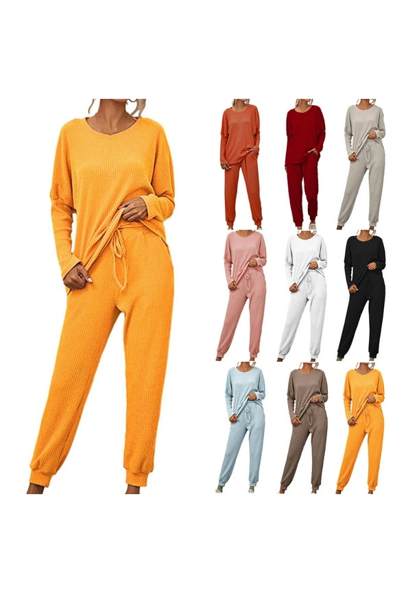 Sweatsuits for Women Set 2 Piece Plus Size Knite Ribbed Outfits Fashion Solid Color Loose Fit Sweatshirt and Sweatpants Loungewear Set Today Wine,XXL