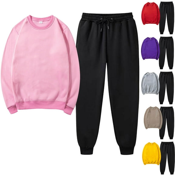 YUGYXL Sweatsuits for Women Set 2 Piece Thin Fleece Plus Size Outfits Fashion Solid Color Round Neck Sweatshirt and Sweatpants Leisure Jogger Tracksuit Set Today's Purple,L