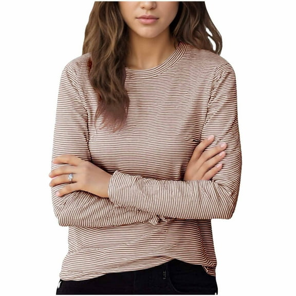 YUGYXL T-Shirt for Women Long Sleeve Half Turtuleneck Striped Tshirt Female Clothing Slim Fit Top Khaki L