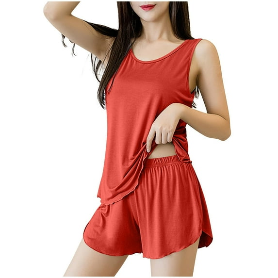 YUGYXL Tank Top Pajama Set for Women Summer Cooling Short Pj Casual Soft Sleeveless Sleepwear 2 Piece Cute Loungewear Sets Red XL