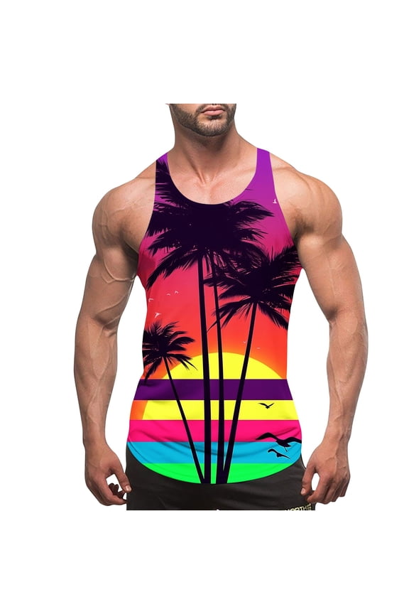 Tank Tops for Men Summer Y-Back Sleeveless Loose Beach Shirts Trendy Casual Print Workout Tanks Gym Muscle Shirt A Multicolor S