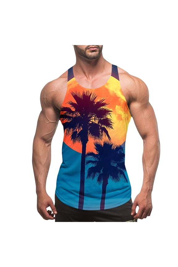 Tank Tops for Men Summer Y-Back Sleeveless Loose Beach Shirts Trendy Casual Print Workout Tanks Gym Muscle Shirt Multicolor L