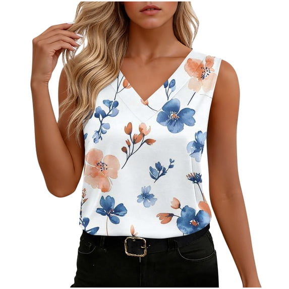 YUGYXL Tank Tops for Women Summer V Neck Tops Casual Button Down Floral Printed Shirts Loose Fit Sleeveless Cute T Shirts G White S