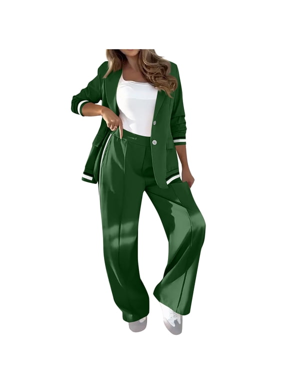 Temperament Solid Color Ribbed Suit Set Blazer and High Rise Straight Leg Pants Sets Women's 2 Piece Set Lapel Blazer Army Green XL