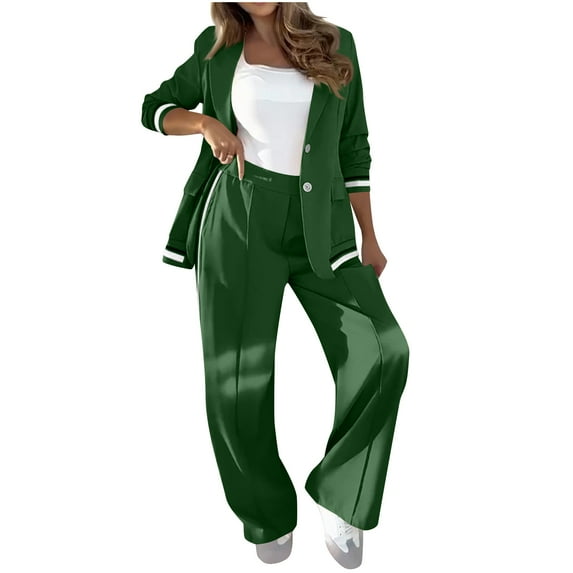 YUGYXL Temperament Solid Color Ribbed Suit Set Blazer and High Rise Straight Leg Pants Sets Women's 2 Piece Set Lapel Blazer Army Green XXXL