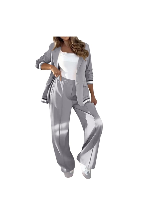 Temperament Solid Color Ribbed Suit Set Blazer and High Rise Straight Leg Pants Sets Women's 2 Piece Set Lapel Blazer Gray S