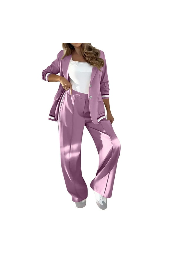 Temperament Solid Color Ribbed Suit Set Blazer and High Rise Straight Leg Pants Sets Women's 2 Piece Set Lapel Blazer Pink L