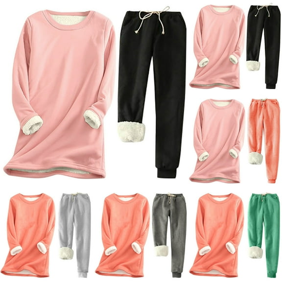 YUGYXL Thicken Sweatsuits for Women 2 Piece Plus Size Puffer Fleece Sherpa Outfits Casual Solid Color Round Neck Sweatshirt and Sweatpants Winter Set Gift for Wife