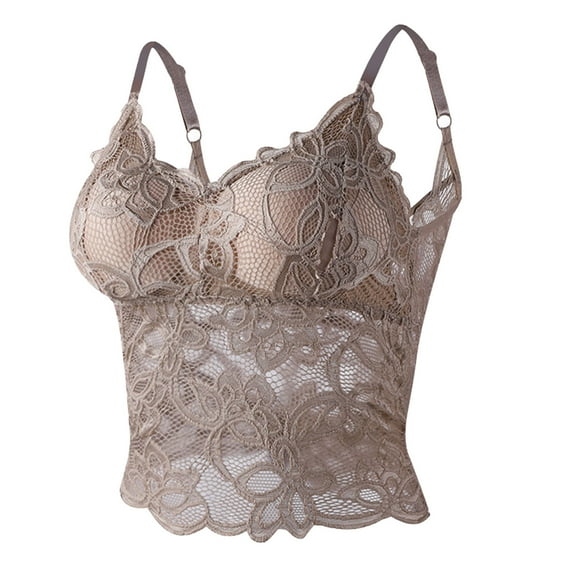 YUGYXL Thin Lace Bras for Women V Neck Padded Wireless Bra Lace Longline Bra Breathable Comfy Strap Crop Tops Khaki XL