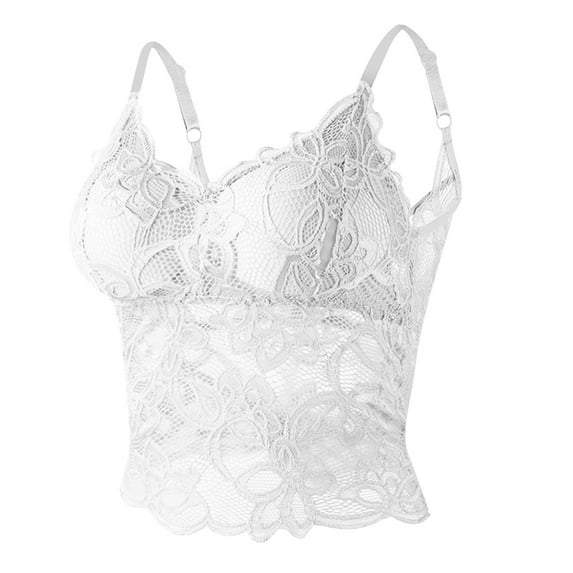 YUGYXL Thin Lace Bras for Women V Neck Padded Wireless Bra Lace Longline Bra Breathable Comfy Strap Crop Tops White XL
