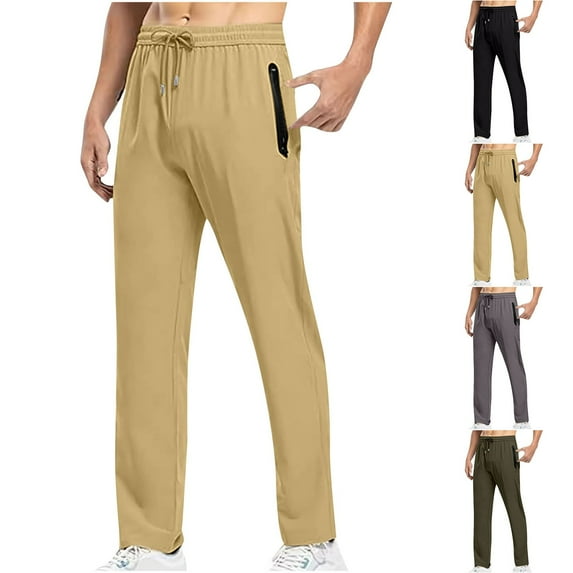 YUGYXL Thin Sport Pants for Men Lightweight Straight Pants with Zipper Pockets Drawstring Basketball Pants Khaki XL