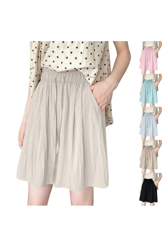 Thin Summer Bermuda Pants for Women Ruffled Wide Leg Shorts Knee Length Pants with Pockets Elastic Waist Beach Shorts Pink L