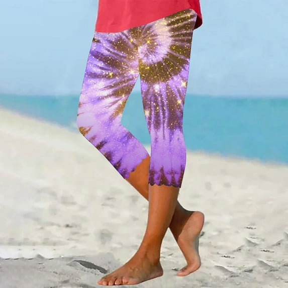 YUGYXL Tie-Dye Leggings for Women Summer Elastic High Waisted Yoga Capri Pants Casual Soft Comfy Workout Capris Pants Sexy Beach Cropped Pants Multicolor XL