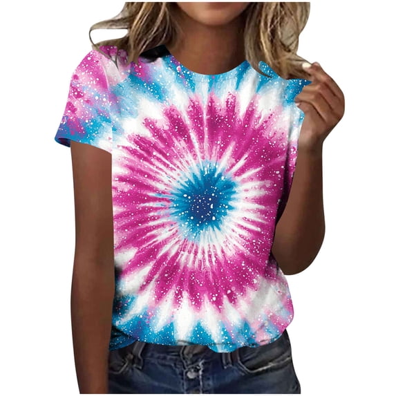 YUGYXL Tie Dye Shirt Women Fashion Colorful Hippie Tshirts Summer Casual Vacation Short Sleeve Crewneck Tops Blue Top XXXL