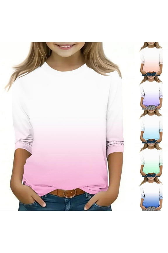 Tie-Dye Undershirt for Girls Toddler Kids 3/4 Sleeve Gradient Color Blouse Little Girl's Summer Lightweight Pullover Tops Fashion Crew Neck T Shirt Watermelon Red 110