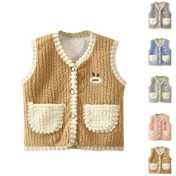 YUGYXL Toddler Kids Fleece Waistcoat Winter Warm Plush Coat Vest Cute Sleeveless V-Neck Outwear Regular Fit Button Cardigan March Gift for Toddler Blue,4 Years