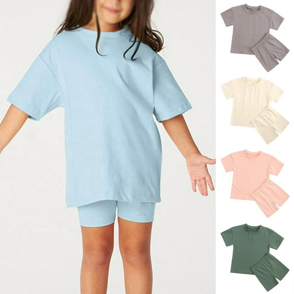 YUGYXL Toddler kids Summer Outfits Solid Color Cotton 2 Piece Sets Casual Loose Round Neck Short Sleeve Tshirt Match Soft Comfy Shorts Best Gift for Girl Pink,4-5 Years
