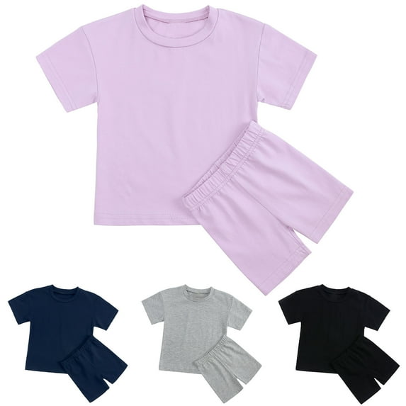 YUGYXL Toddler kids Summer Outfits Solid Color Cotton 2 Piece Sets Casual Loose Round Neck Short Sleeve Tshirt Match Soft Comfy Shorts March Gift for Toddler Black,6-7 Years