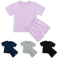 thumbnail image 1 of YUGYXL Toddler kids Summer Outfits Solid Color Cotton 2 Piece Sets Casual Loose Round Neck Short Sleeve Tshirt Match Soft Comfy Shorts Sale Purple,12-24 Months, 1 of 9