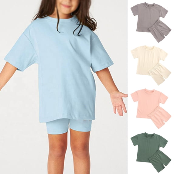 YUGYXL Toddler kids Summer Outfits Solid Color Cotton 2 Piece Sets Casual Loose Round Neck Short Sleeve Tshirt Match Soft Comfy Shorts Sale Light Blue,12-13 Years