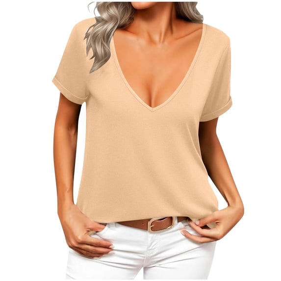 YUGYXL Tops for Women Deep V Neck Shirts Summer Low Cut Top Short Sleeve Tshirts Trendy Clothes Fashion Clothing Khaki XXL